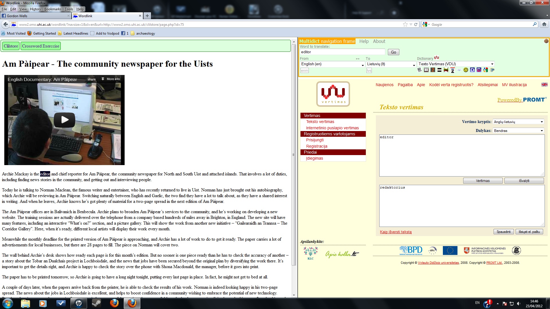 Clilstore page - click on any word to get a dictionary translation