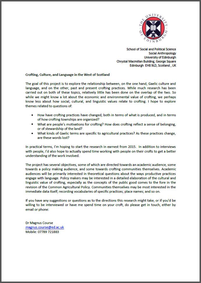 Crofting, Culture, and Language in the West of Scotland. Click for details. Magnusletter